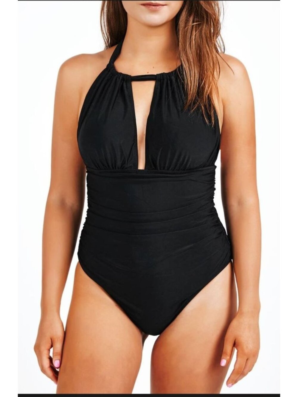 Womens Med Halter Plunge Black One-Piece Swimsuit Ruched Waist & Tie Back